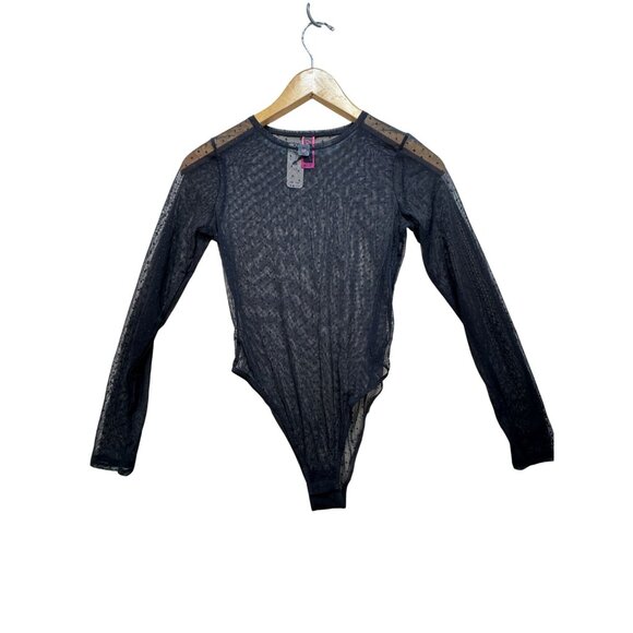 NWT La Senza Womens Long Sleeve Sheer Bodysuit Size S Black Swiss Dots Summer - Picture 1 of 13